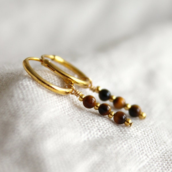 Tiger eye earrings gold - small gold hoops with charm - Gemstone earrings - Gold plated hoop earrings with gemstone beads - endless hoop