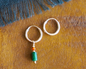 Green jade gold earrings - Tiny gold plated endless hoop earrings with gemstone pendant - huggie earring gold - fine gold hoop earring green