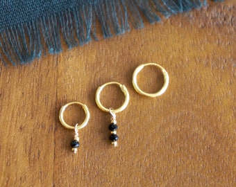 Gold hoop earring with black bead - gold plated huggie earring with black bead pendant - dainty gold earring - black pendant earring