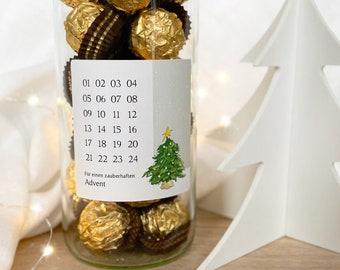 Mini Adventskalender  - Aufkleber mit 24 Zahlen | DIY Weihnachtskalender zum Befüllen | Aquarell Motiv Christbaum
