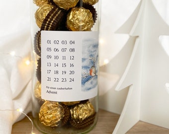 Mini Adventskalender  - Aufkleber mit 24 Zahlen | DIY Weihnachtskalender zum Befüllen | Aquarell Motiv Rotkehlchen