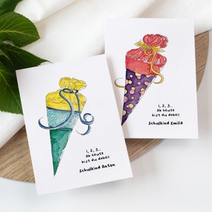 Karte zur Einschulung - personalisierbare Glückwunschkarte | Schultüte | Schulanfang | Schulbeginn | Aquarell Zuckertüte