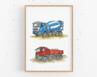 Betonmischer und Kipper Poster - Bild fürs Kinderzimmer | Fahrzeug Print | Geschenkidee für Kinder