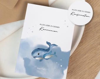 Karte zur Kommunion Konfirmation - Wale Aquarell | personalisierbare Kommunionskarte | Jungen und Mädchen | Geschenk Geldgeschenk