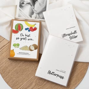 Schwangerschaft Set - Meilensteinkarten, Personalisierbare Mutterpasshülle und Ultraschallbilder Album - Obst schwarz weiß | Geschenk