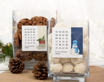 Adventskalender im Glas  - Aufkleber mit 24 Zahlen | DIY Weihnachtskalender zum Befüllen und Abhaken | Aquarelle | Geschenkidee Advent