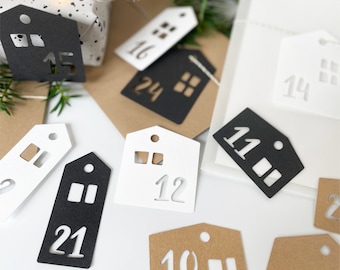 Adventskalender Anhänger - Häuser | 24 Zahlen Anhänger aus mehrfarbigem Karton | Weihnachtskalender DIY | Weihnachtsanhänger