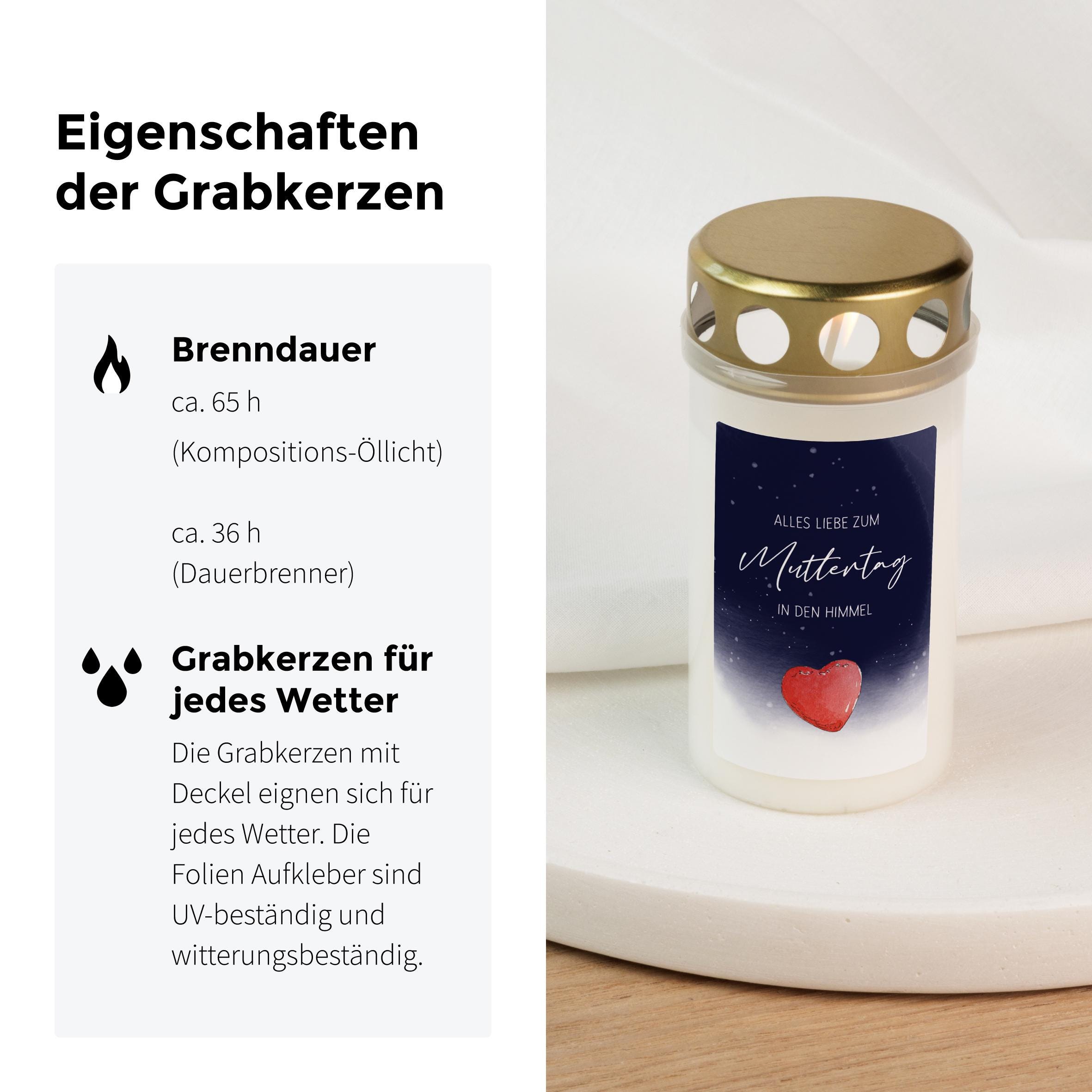 Grabkerze - Muttertag | Herz Im Himmel | Mama | Friedhofskerze | Grablicht | Gedenklicht | Grab Dekoration