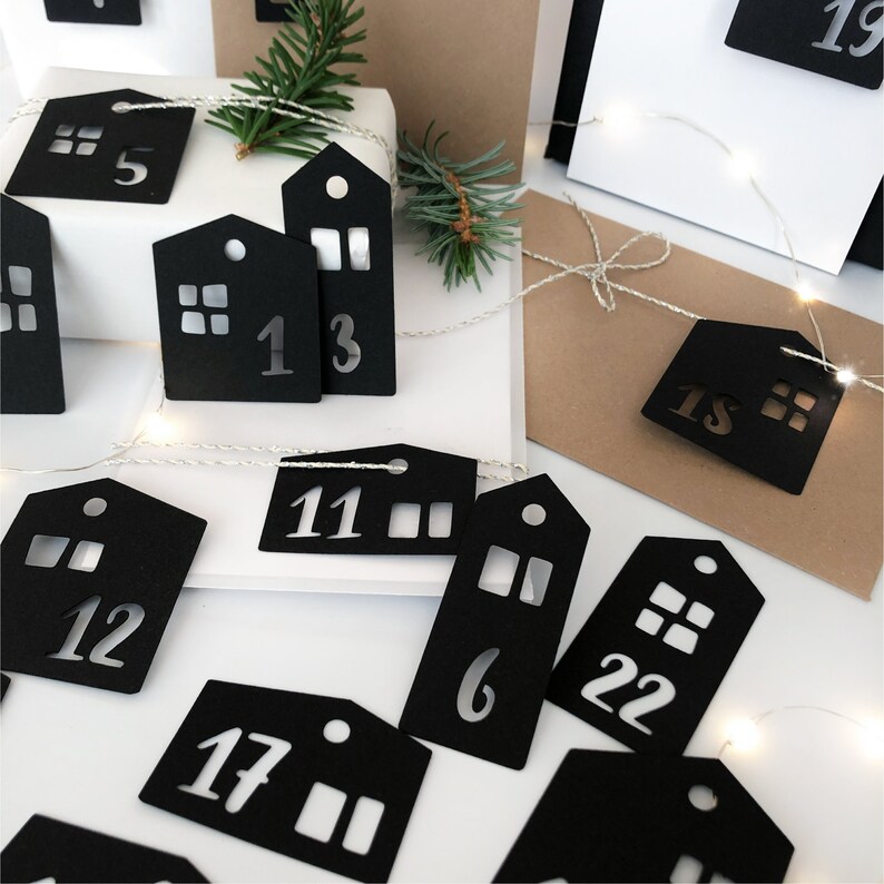 Advent Calendar Pendants - Houses | 24 numbers pendants made of black power cardboard | Christmas pendants 