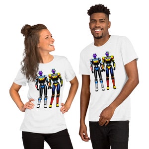 May include: Two white t-shirts with a graphic print of three colorful robots. The robots are standing side-by-side and have different colored bodies and accents.