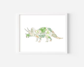 Triceratops Print, Nursery Decor, Botanical Triceratops, Plant Lover Print, Dino Lover Print, Home Decor, Physical Print, Dinosaur Print
