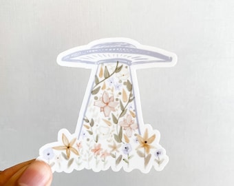 Space Ship Sticker, UFO Sticker, Floral Space, Stat Ship, Gift For Space Lover, Floral Watercolor, Unique sticker, Alien Abduction, Space