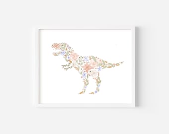 Tyrannosaurus Rex Print, Floral T-Rex, Nursery Print, Physical Print, Print For Home, Print For Nursery, Dino Lover Decor, Watercolor Print