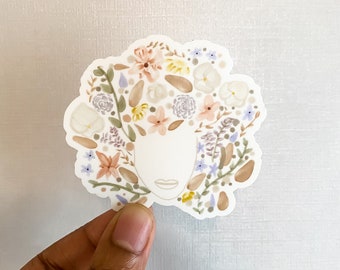 Floral Women Sticker, Flower Sticker, Matte Sticker, 3 inch Sticker, Floral Afro Sticker, Sticker To Gift, Floral Watercolor, Curly Girl