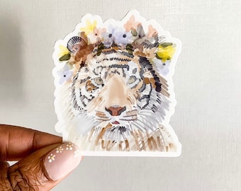 Tiger With Flower Crown Sticker, Tiger Sticker, Animal Sticker, Flower Crown, Floral Tiger, Floral Design, Sticker To Gift Animal Lover