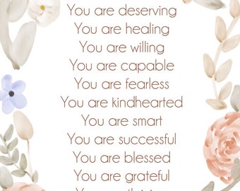 Affirmations Digital Download, Positive Affirmations, Everyday Affirmations, Print For Nursery, Print For Bedroom, Home Decor, Floral Decor