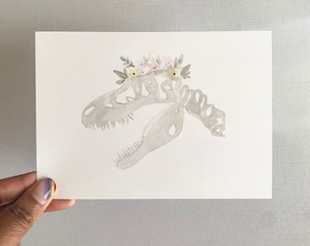 Dinosaur Flower Crown Print, Art Print, Dinosaur Print, 5x7 Print, Floral Art, Dinosaur Fossil, Gift For Dino Lover, Dinosaur Art