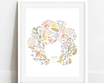 Floral Woman Print, Floral Watercolor, 5x7 Print, Home Decor, Nursery Decor, Print To Gift, Woman Art