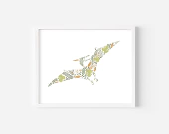 Pterodactyl Print, Dinosaur Print, Nursery Decor, Botanical Pterodactyl, Home Decor, Print For Dinosaur Lover, Watercolor Dinosaur