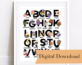 Halloween Printable, Digital Download, Halloween Digital Download, Halloween Alphabet, Halloween Classroom Print, Kids Alphabet, Home Decor