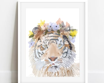 Tiger Print, Tiger Flower Crown Print, Tiger Art, Art For Home, Art For Bedroom, Animal Decor, Animal Print, Tiger Art, Floral Art, Art Gift