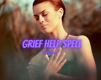 May include: A woman with red hair and a turquoise necklace is standing with her hands clasped in front of her. The text "GRIEF HELP SPELL" is written in purple letters with a neon glow. The text "BY CAULD RONSCOVEN" is written in smaller white letters below the main text.