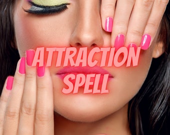 May include: Close-up of a woman's face with pink eyeshadow and bright pink nail polish. The text "Attraction Spell" is superimposed over the image.