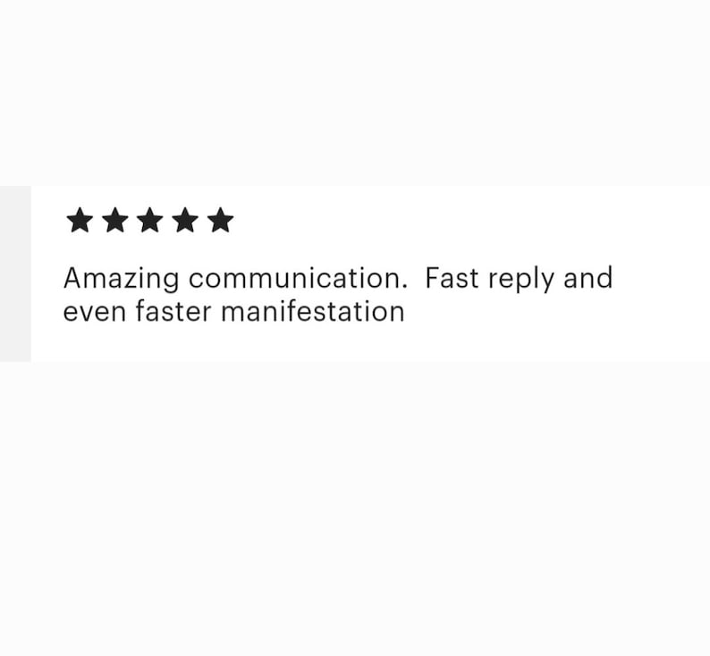 May include: Five star review with the text "Amazing communication. Fast reply and even faster manifestation."