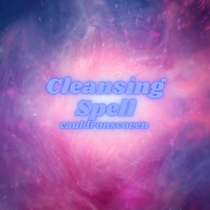 May include: A pink and blue abstract background with the text "Cleansing Spell" in a blue, outlined font. The text "cauldronscoven" is below the main text in a smaller font.