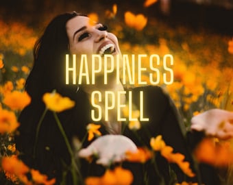 Op de afbeelding: Een vrouw lacht in een veld met gele bloemen. De tekst "Happiness Spell" is over de afbeelding gelegd.