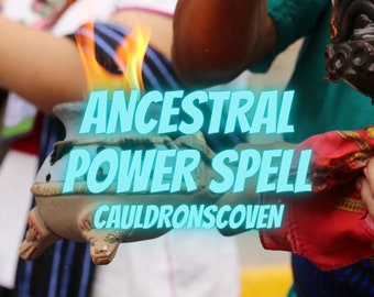 May include: A clay cauldron with three legs is being held by a person's hand. The cauldron is on fire and the text "ANCESTRAL POWER SPELL CAULDRONSCOVEN" is written in blue letters on the image.