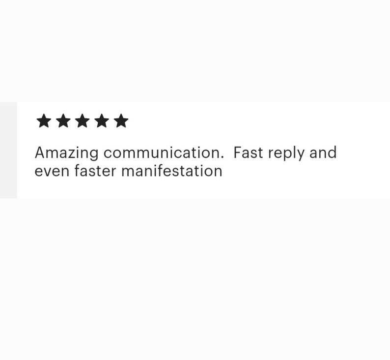 May include: Five star review with the text "Amazing communication. Fast reply and even faster manifestation."