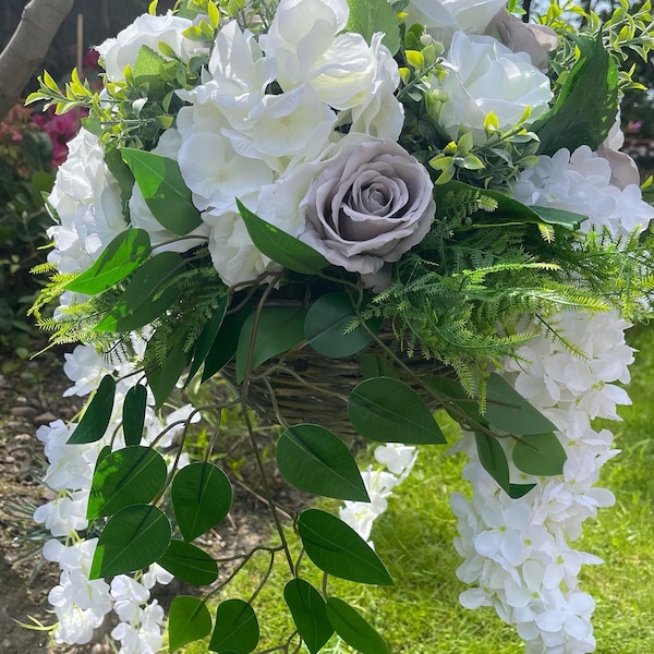 Grey White and Ivory Hanging Basket - 12 inch grey basket base