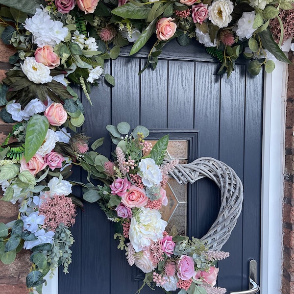 Briana 40cm Heart Wreath and 5ft Door Garland - Spring Wreath -Items Sold Seperately - Pink and Ivory