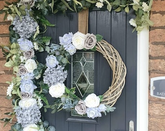 Duck Egg Blue, Grey and Ivory Wreath and Door Garland - Price is for both