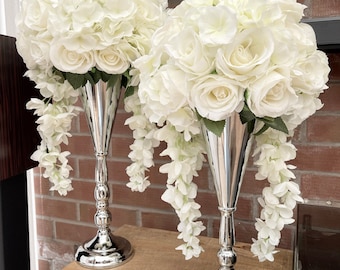 Artificial Ivory and White Rose and Hydrangea Flowers and Vase