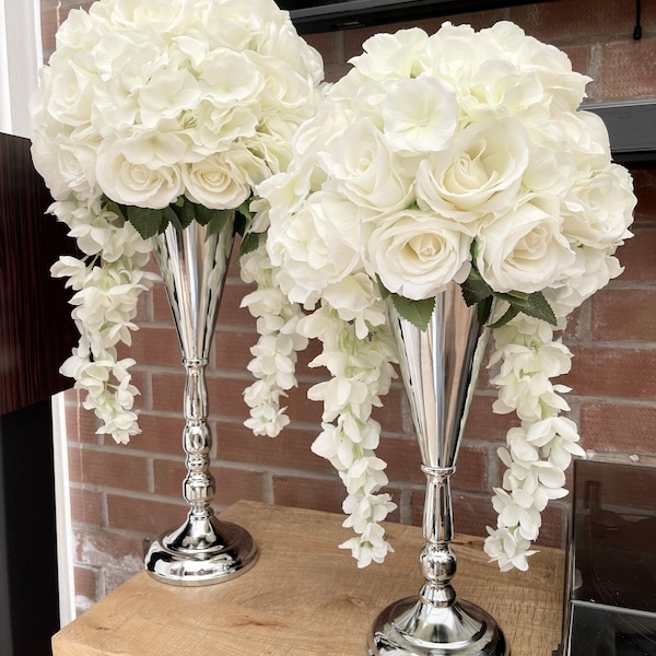 Artificial Ivory and White Rose and Hydrangea Flowers and Vase