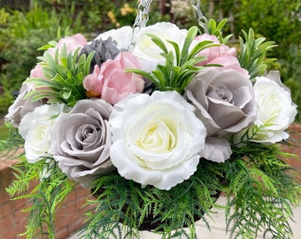 Artificial Hanging Basket - Pink, Grey and White flowers - 10 inch basket