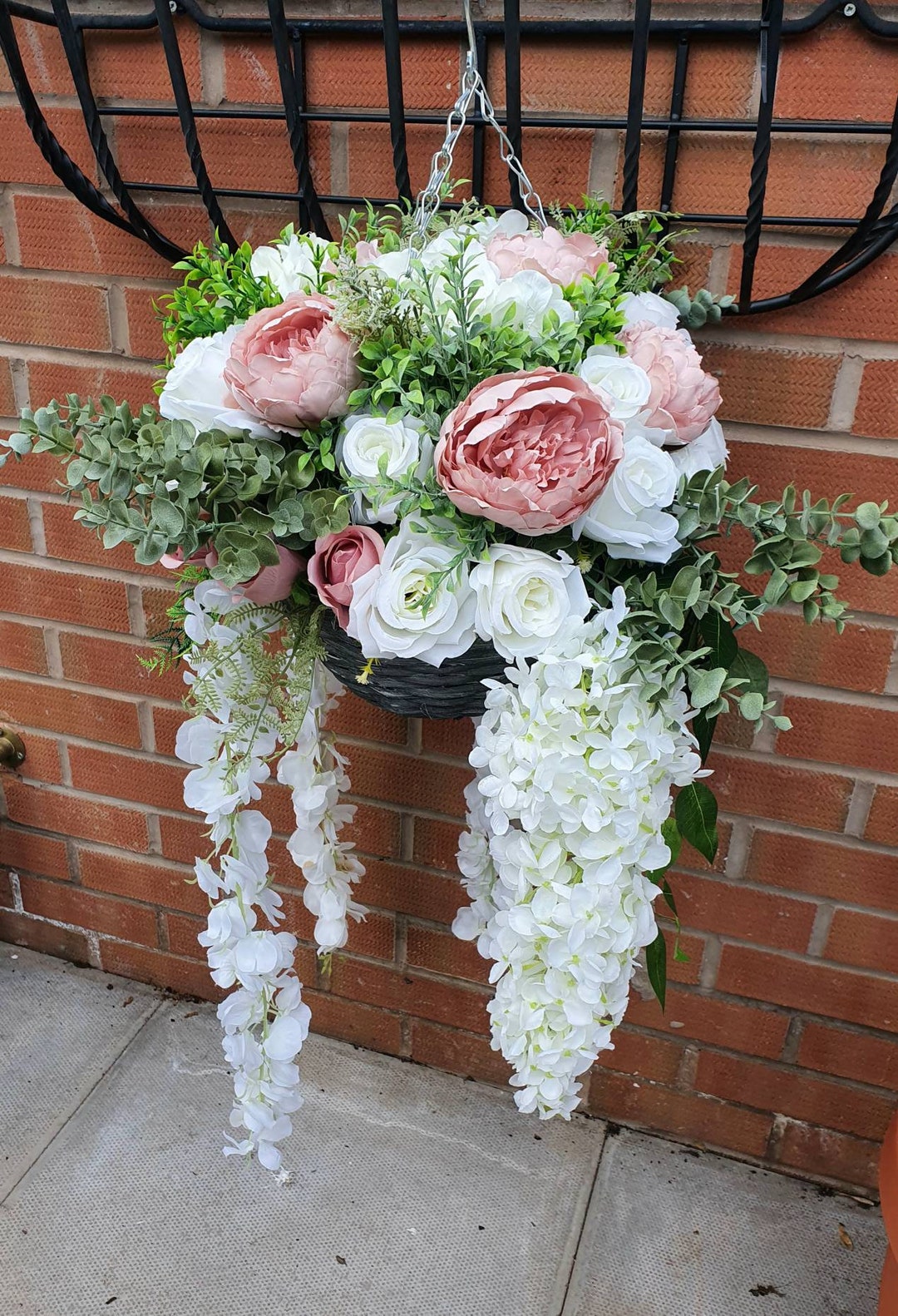 Artificial Luxury Hanging Basket - Blush Pink and White - Brown