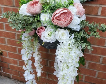 Artificial Luxury Hanging Basket - Blush pink and white - brown hanging basket