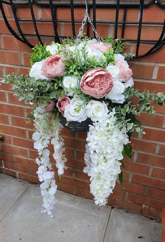 Artificial Luxury Hanging Basket - Blush pink and white - brown hanging  basket
