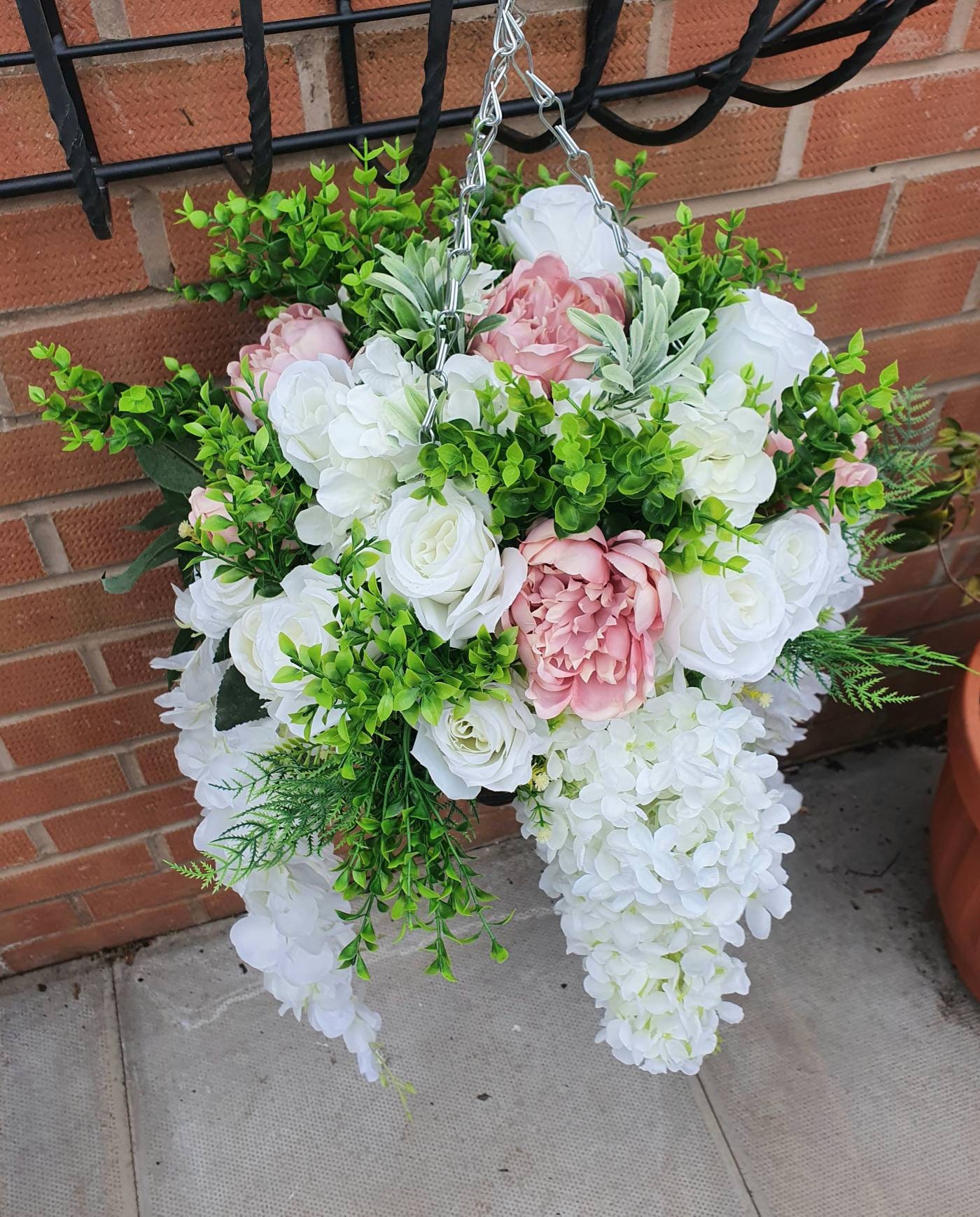 Outdoor Artificial Hanging Basket pink peony and white roses Etsy.de