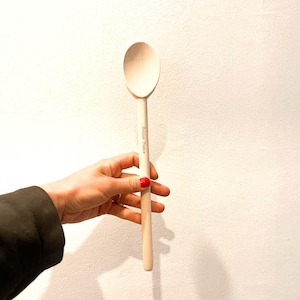 Può includere: Un cucchiaio di legno color chiaro con una testa ovale e un lungo manico. Il manico ha il testo "Artisan France" stampato. Il cucchiaio è tenuto su uno sfondo bianco.