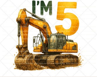 Puede incluir: Una ilustración estilo acuarela de una excavadora de construcción amarilla situada bajo el texto verde oscuro I'M y un gran número 5 amarillo texturizado. La maquinaria pesada presenta un brazo, una cuchara y una base de orugas.