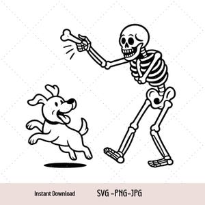 Skeleton Dog Halloween Svg, Skeleton Playing Fetch with Dog Funny Halloween Svg, Png, Jpg Digital Download