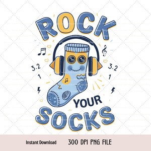 May include: A blue sock with a yellow face and headphones is wearing a yellow headband. The sock is surrounded by yellow stars and the text "ROCK YOUR SOCKS".