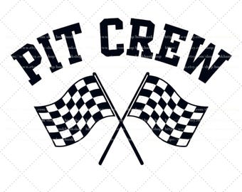 May include: Black and white graphic design of a checkered flag with the text "PIT CREW" in a bold, blocky font. The flags are crossed behind the text.