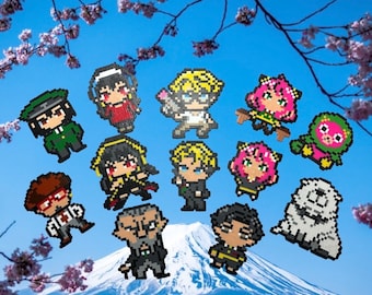May include: A collection of 12 pixel art characters, each with a unique design and color scheme. The characters are arranged in a semi-circle on a blue background with a white mountain in the background. The characters include a green soldier, a red-haired woman, a blonde man, a pink-haired woman, a white dog, a black-haired woman, a blonde man, a pink-haired woman, a brown-haired man, a man with a beard, and a man with black hair.