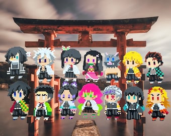 May include: A collection of 16 colorful pixel art characters, each with unique designs and expressions. The characters are arranged in two rows, standing in front of a traditional Japanese gate.