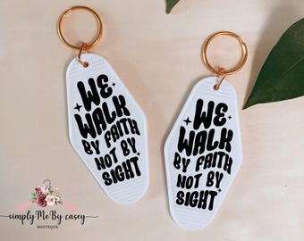 Retro Motel Keychain: 'We Walk By Faith' Christian Gift
